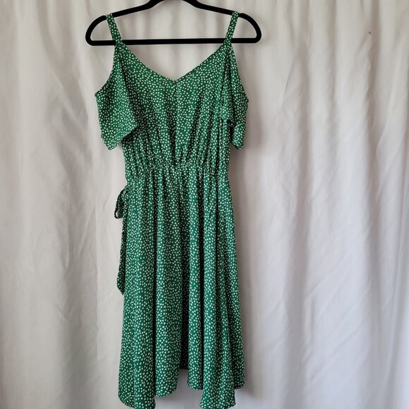 Sienna Sky XS Green White Print Wrap layered dress Cold Shoulder Side Tie Lined - Picture 3 of 14